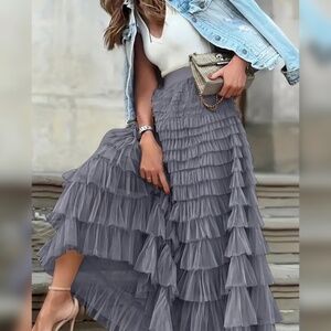 NWT ELEGANT MESH LAYERED HEM RUFFLE HIGH WAIST WOMEN'S GREY SKIRT